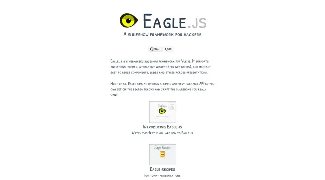 Eagle.js is a web-based slideshow framework for Vue.js. It supports animations, themes, interactive widgets (for web demos), and makes it easy to reuse components, slides and styles across presentations.