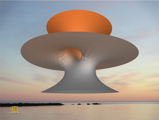 A mathematical surface the size, general shape, and color of a thunderhead looms in a photograph of a sunset sky over water.