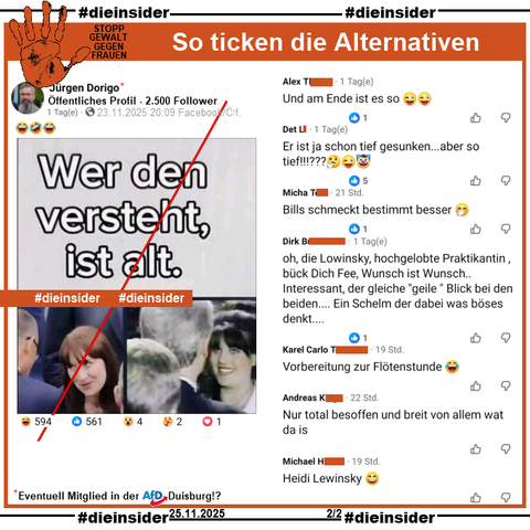 Auf dem öffentlichen Profil bei Jürgen Dorigo mit 2.500 Follower und eventuell Mitglied bei der AfD Duisburg teilt der Verfasser ein Bild, auf dem man Heidi Reichinnek und den Hinterkopf von Bundeskanzler Friedrich Merz im Vergleich mit Monica Lewinsky und dem Hinterkopf von Bill Clinton, dem damaligen US-Präsidenten sieht. Dazu steht auf dem Bild "Wer den versteht, ist alt." und von Jürgen Dorigo mit drei "😂🤣😂" kommentiert wird.

Wir zeigen mit unserer Überschrift "STOPP GEWALT GEGEN FRAUEN: So ticken die Alternativen." auf Slide 2 u.a. die Kommentare: 
"Und am Ende ist es so. 😜😜", 
"Er ist ja schon tief gesunken... aber so tief!!!??? 🤔😜🤡", 
"Bills schmeckt bestimmt besser. 🤭", 
"oh, die Lowinsky, hochgelobte Praktikantin , bück Dich Fee, Wunsch ist Wunsch.. Interessant, der gleiche "geile " Blick bei den beiden... Ein Schelm der dabei was böses denkt...", 
"Vorbereitung zur Flötenstunde. 😂", 
"Nur total besoffen und breit von allem wat da is." und 
"Heidi Lewinsky. 😄"