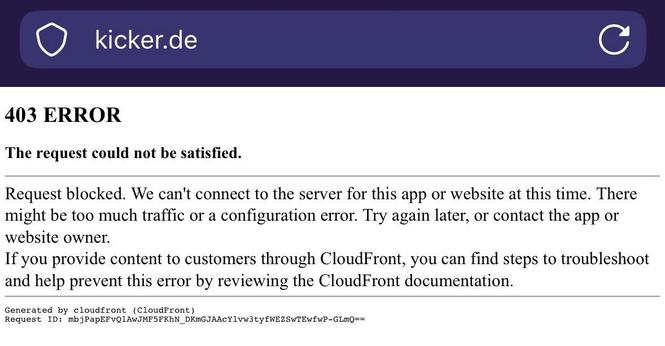 A web page displaying a "403 ERROR" message, indicating that access to the requested site (kicker.de) is blocked. It mentions possible reasons for the error, such as too much traffic or configuration issues, and provides instructions for troubleshooting.