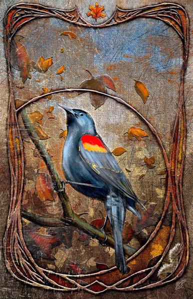 Illustration of a Red-Winged Blackbird in an autumnal scene, perched on a branch amongst falling leaves, surrounded by burnished filligree on  a textured canvas. Colors are browns and oranges, with blues in the distant suggested sky that match the blue blacks in the blackbird.