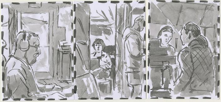 3 drawings in ink of people at the coffee place.On envelopes, with dashed-line frames drawn by hand.