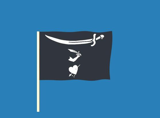 A randomly generated pirate flag. Elements of the flag may include skeletons, skulls, pirates, crossed bones, hourglasses, hearts, and swords.