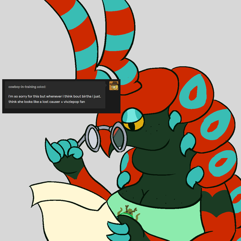 A shiny scolipede taur using glasses with a handle to read a note. She's wearing a green shirt with a bug emoji on it. There's an ask implied to be on the page, which reads "i'm so sorry for this but whenever i think bout birtha i just. think she looks like a lost causer + vivziepop fan"