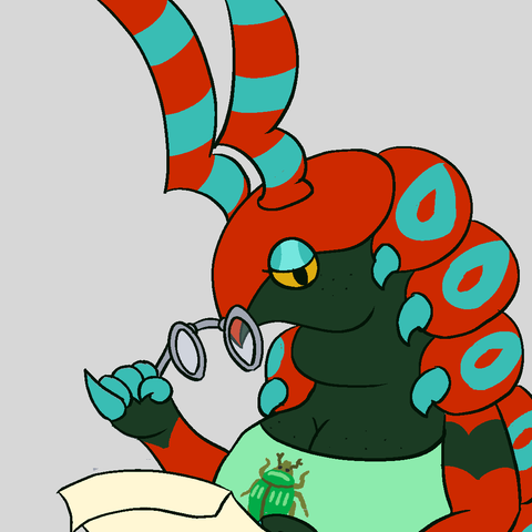 A shiny scolipede taur who was using glasses with a handle to read a note. She's side eyeing the viewer.