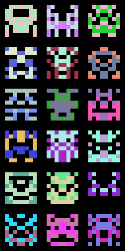 a 3x6 grid of multicolored 8x8 pixel aliens a la space invaders