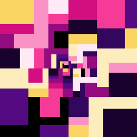 "Yes honey", artwork in black, purple, fuchsia, pink, yellow and white. Element size decreases towards the centre.