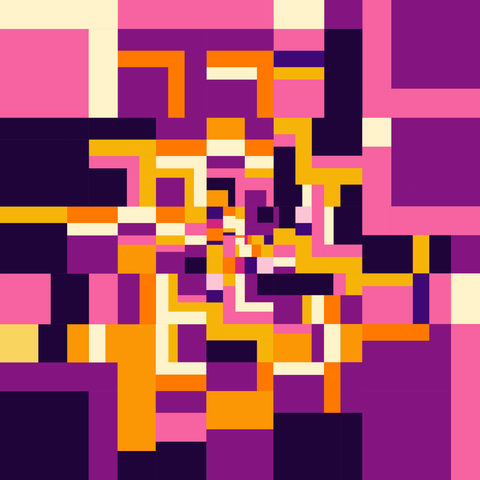 "Good company", artwork in shades of purple, pink, orange and yellow. Element size decreases towards the centre.