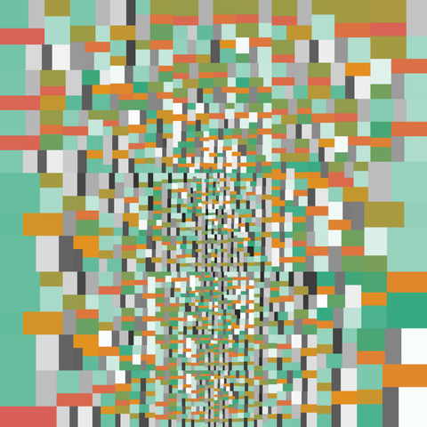 "Vital radiance", artwork in greens, oranges and greys. Element size decreases towards a segment connecting the centre point with the centre of bottom border.