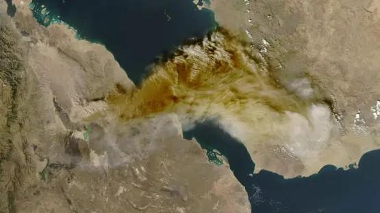 A satellite image shows ash rising from the eruption of the Hayli Gubbi volcano in Ethiopia as it drifts over the Red Sea, November 23, 2025. (Reuters)