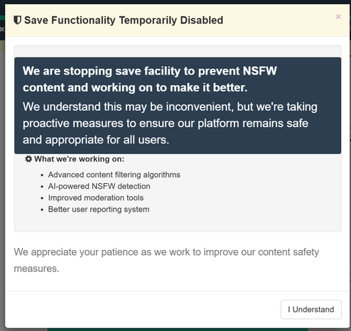 Notification from JSONformatter.org that their save feature has been temporarily disabled until they fix the very obvious security flaws with it.