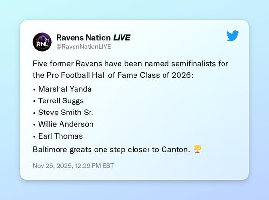 Five former Ravens have been named semifinalists for the Pro Football Hall of Fame Class of 2026:

• Marshal Yanda
• Terrell Suggs
• Steve Smith Sr.
• Willie Anderson
• Earl Thomas

Baltimore greats one step closer to Canton. 🏆