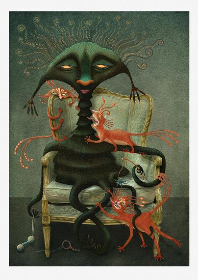 A rather stern creature, deep green in color and patterned in intricate and interlocking swirls, relaxes upon an ornate upholstered chair. She gazes languidly into the distance, while her three six-legged felines of vivid orange mewl for attention. One clawed tentacle dangles a toy playfully for her pets. (Full Image)