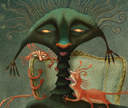 A rather stern creature, deep green in color and patterned in intricate and interlocking swirls, relaxes upon an ornate upholstered chair. She gazes languidly into the distance, while her three six-legged felines of vivid orange mewl for attention. One clawed tentacle dangles a toy playfully for her pets. (Partial Image - enlargement)