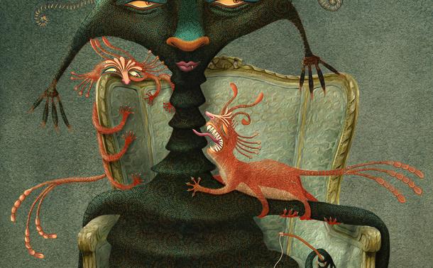 A rather stern creature, deep green in color and patterned in intricate and interlocking swirls, relaxes upon an ornate upholstered chair. She gazes languidly into the distance, while her three six-legged felines of vivid orange mewl for attention. One clawed tentacle dangles a toy playfully for her pets. (Partial Image - enlargement)