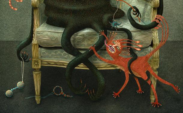 A rather stern creature, deep green in color and patterned in intricate and interlocking swirls, relaxes upon an ornate upholstered chair. She gazes languidly into the distance, while her three six-legged felines of vivid orange mewl for attention. One clawed tentacle dangles a toy playfully for her pets. (Partial Image - enlargement)