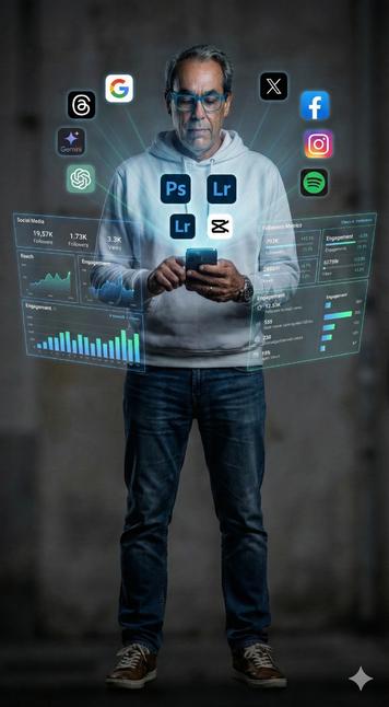 Retrato hiperrealista de la imagen subida. Usando mi rostro (idéntico a la imagen de referencia) como imagen realista en una habitación con poca luz, miro fijamente mi teléfono. Un holograma flotante de realidad aumentada (RA) me rodea, incluyendo iconos de redes sociales como Threads, Gemini, ChatGPT, Google, X, Facebook, Instagram y Spotify, iconos de Photoshop, Lightroom y Capcut de la pantalla de mi teléfono, estadísticas de seguidores y métricas de interacción como alcance y visualizaciones.
