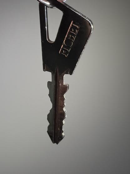 Photo of a Fichet 666 key. The key is bitted on both sides, and the profile looks more scrungly somehow than double bitted keys usually do