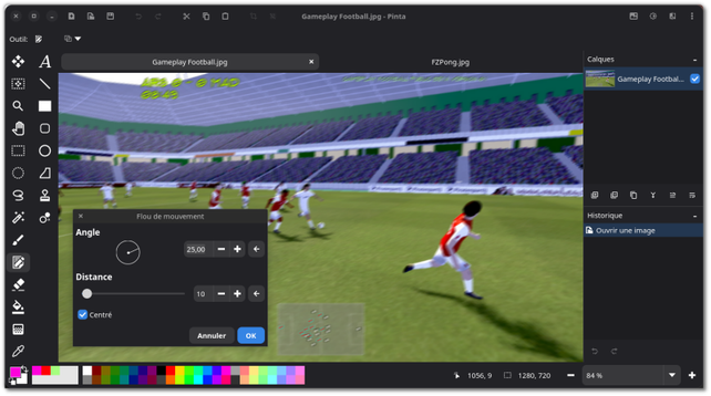 🕶️ A view of its user interface (v. 3.0.3, dark theme, on my Linux PC, in French) with several tabs open showing different screenshots of Linux games. The active tab is open on a screenshot of the "Gameplay Football" game. I chose this image because it allows me to illustrate the use of the “Motion Blur” filter and because I'm not good enough at drawing to show my work :). Nevertheless, I tested this tool and found it to be both simple and powerful. Excellent.

On the top right are the image layers (only one for now) and below that is the history (only one: “Open an image”), both simple and practical. On the left are the drawing tools, and at the bottom are the color palette, image characteristics, and zoom. At the top, in the title bar, are the edit menus and menus.

📚️ Pinta is a lightweight, libre & multi-platform bitmap image editor inspired by Paint.NET, allowing you to draw and manipulate images in a simple but powerful way. It offers the classic drawing tools (freehand drawing, lines, rectangles, ellipses, ...), adjustment and effect tools (35 tools), a complete history (allowing you to go back in time), layer support (to separate and group elements of your image) and a flexible workspace (fixed and/or floating windows).