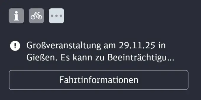 Hinweis im DB Navigator zu einer Verbindung nach Gießen, am 29.11.: "Es kann zu Beeinträchtigen (kommen)"