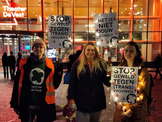Drie vrouwen staan 's avonds voor theater de Vest. Het theater heeft oranje gekleurde verlichting aan. De vrouwen dragen protestbordjes met teksten 'Stop geweld tegen (trans) vrouwen' en 'Het is niet jouw schuld'. Verder staan er oranje handafdrukken op de bordjes en rechts onderin het Partij voor de Dieren logo.