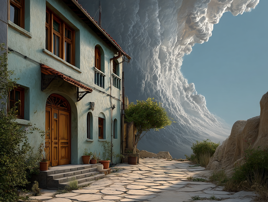 A substantial mountain hotel with teal walls and wooden doors sits under a towering mountain made of dramatic storm clouds, blending rustic charm with surreal atmospherics.