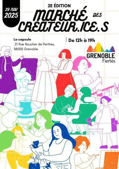 Affiche de Grenoble Fierté avec plein de personnages colorés qui font diverses activités artistiques 
2e édition Marché de créateurices
La Capsule, 21 rue Boucher de Perthes, 38000 Grenoble
29 novembre 2025 de 12h à 19h