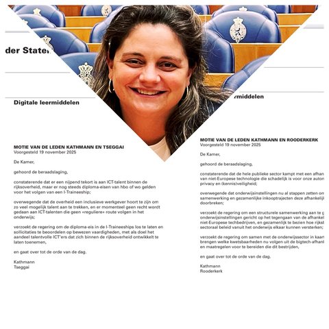 Foto in drie delen. Boven in het midden in een driehoek een foto van mij en links en rechts printscreens van twee moties. De moties zijn uitgeschreven op een witte achtergrond in zwarte letters. Motie 1 vind je hier: https://www.tweedekamer.nl/kamerstukken/moties/detail?id=2025Z20054&did=2025D47159 Motie 2 vind je hier: https://www.tweedekamer.nl/kamerstukken/moties/detail?id=2025Z20055&did=2025D47160