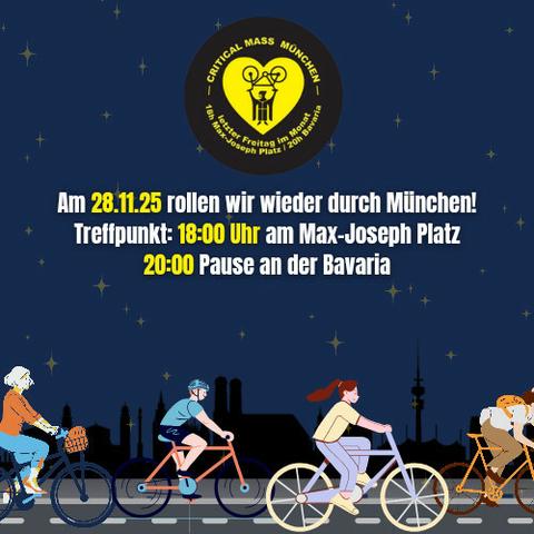 Comic Zeichnung von radelnden bei Nacht im Hintergrund erkennt man die Münchner Silhouette mit Frauenkirche und Fernsehturm.
Text: Am 28.11.25 rollen wir wieder durch München!
Treffpunkt: 18:00 Uhr am Max-Joseph Platz
20:00 Pause an der Bavaria