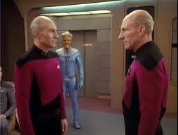 Picard looking at his double on the bridge