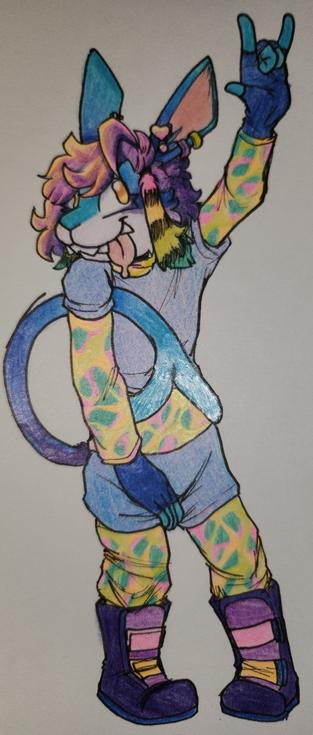 Tori, an anthropomorphic carnivorous rabbit. Her fur ranges through cyan, azure, and blue, to purple in hue. This cyan is concentrated primarily to her nose bridge and extremities, moving through this gradient before reaching purple at her hair, cheekbones, and the base of her tail. The latter has blue spots within this fully purple section. The lower half of her face is lavender, her inner ears and tongue are pink, and her eyes are orange. She is wearing raccoon tail extensions in her purple bob, which are neon pink, orange, yellow, and cyan, with black stripes separating each section. These colors are mirrored in the tie-dye sweatsuit she is wearing underneath a periwinkle crop top and shorts set. These are accompanied by blue gloves, yellow and magenta ear cuffs, and a pink heart shaped clip on stud earring. She is also wearing purple boots with magenta tongues, blue soles, and two straps closing them, one neon pink and the other neon orange. She is leaning slightly backwards as she holds one hand in the air in a "rock horns" gestie, the other resting on her thigh. Her tail curls underneath her resting arm, with its bifurcating tips laying on either side of her body.