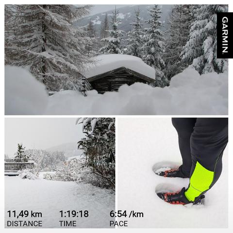 A little activity collage from a winter trail run. Top: A wooden alpine hut nearly buried under heavy snow, surrounded by snow-laden evergreen trees in the Tyrolean Alps. Bottom left: A snow-covered path with frosted trees and a fence. Bottom right: Close-up of trail running shoes with bright neon yellow gaiters standing in fresh snow. Stats overlay shows 11.49 km distance, 1:19:18 time, and 6:54/km pace