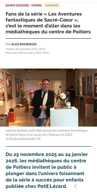 Capture d'écran de l'article de La Nouvelle République : on y voit Laurent Audouin, souriant, au milieu de sa précédente exposition.