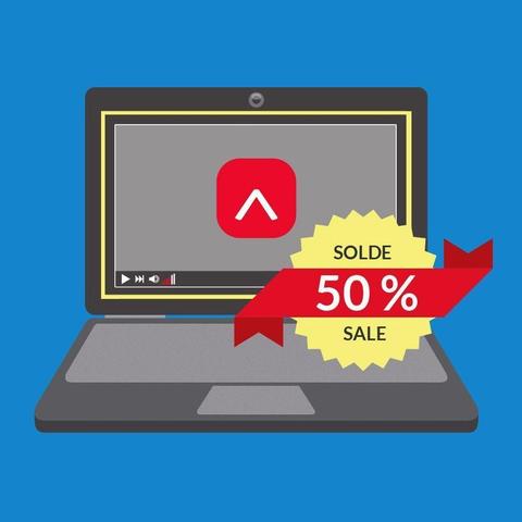 Illustration du logo de Réviseurs Canada sur l'écran d'un ordinateur et d'une bannière avec le texte « solde 50 % »