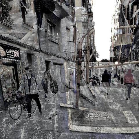 Barcelona digital edited double exposure street photography, made with the GNU Image Manipulation Program.