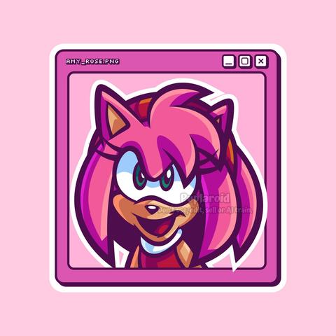 A digital vector fan art of Amy Rose, from the Sonic the Hedgehog series. She is smiling joyfully, looking off-frame. The drawing has a computer-like interface frame, where she is placed inside. The art itself looks like a sticker.
