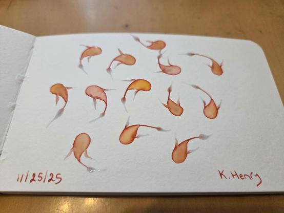 Hand drawn generative/procedural art in ink on an open page of my sketchbook. The abstract pattern looks a bit like a bunch of cute little fish swimming or dancing in a spiral.