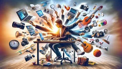 La imagen es una ilustración digital vibrante y conceptual que representa la multitarea y el flujo creativo/laboral.

Sujeto Central: Un hombre joven, sentado en un escritorio frente a una computadora portátil, aparece con múltiples brazos (al estilo de Shiva o "many-armed" en inglés).

Acción: Cada uno de sus numerosos brazos está interactuando simultáneamente con diferentes objetos de trabajo, arte y ocio que lo rodean, creando un torbellino de actividad.

Objetos Clave: Los objetos incluyen laptops, cámaras réflex, tabletas, teléfonos, un reloj, instrumentos musicales (guitarras), drones, herramientas de dibujo, pelotas de deporte y carpetas.

Atmósfera: El ambiente es dinámico y explosivo, con colores intensos y una luz central brillante que enfatiza la energía y la intensidad de estar inmerso en múltiples tareas creativas y tecnológicas a la vez.

La imagen simboliza la productividad, el manejo del caos, o la necesidad de ser un "hombre orquesta" en el mundo moderno.
