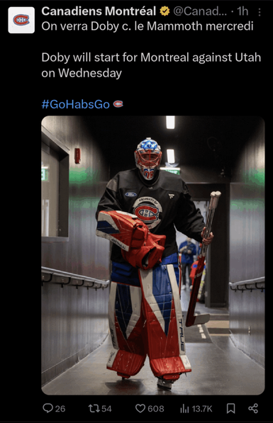 Doby will be in the net against Utah 🏒