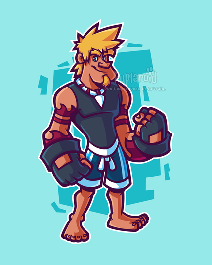 A digital vector drawing of a buff adult man original character. He looking towards the viewer, smiling, while flexing his left arm, with his fists closed. He has spiky blonde hair, a goatee, pink skin, with dark brownish-red wave themed tattoos, black fingerless gloves, a black tanktop, blue swimming shorts, and a white and brownish-red beaded shark tooth necklace. He's barefoot. Behind him, there's a abstract geometric background.