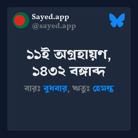 আজকের বাংলা তারিখ: ১১ই অগ্রহায়ণ, ১৪৩২ বঙ্গাব্দ