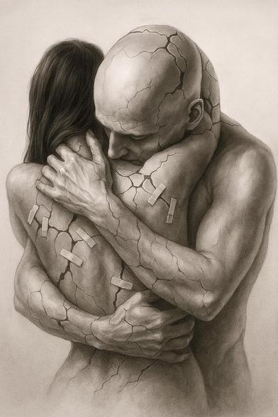 La imagen es un dibujo a lápiz o carboncillo altamente detallado, en tonos sepia o monocromáticos, que representa una escena emotiva y simbólica.

Sujetos: Muestra a una pareja en un abrazo íntimo y apretado.

Simbología: Ambos cuerpos están cubiertos de grietas o fracturas profundas que sugieren fragilidad, dolor emocional o heridas internas.

Sanación: En la espalda de la mujer (y potencialmente en el cuerpo del hombre), se han colocado tiritas o parches (banditas adhesivas) sobre las grietas, simbolizando un intento de sanación, reparación o apoyo mutuo.

Emoción: El gesto del abrazo es de profunda conexión y consuelo ante la vulnerabilidad y el sufrimiento compartido.

La imagen es una representación poderosa y visualmente impactante del dolor emocional, la fragilidad humana y la búsqueda de consuelo en la conexión con el otro.