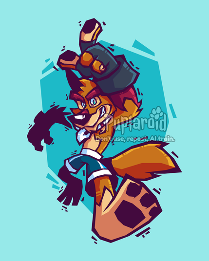 A digital vector artwork of a anthropomorphic/furry Australian dingo character, jumping dynamically, in mid-air. He is smirking, looking slightly off-frame. The drawing has a geometric Sonic Battle inspired look to it, although a bit more stylized.