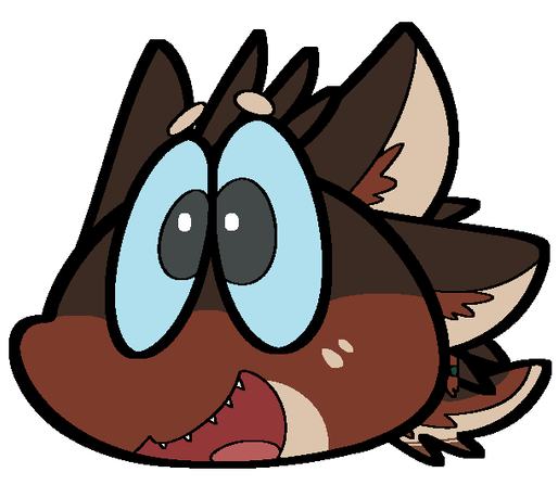 A cartoon style headshot of a brown ,red, and tan avali with blue eyes.