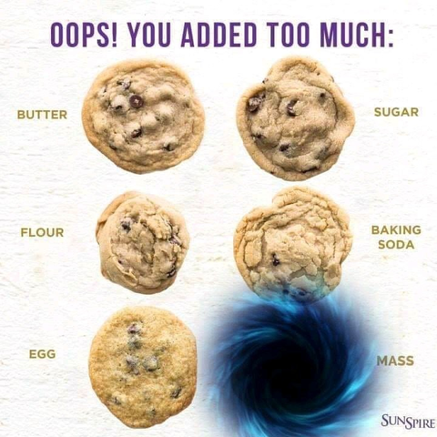 A chart titled “OOPS! YOU ADDED TOO MUCH:” showing chocolate-chip cookies labeled butter, sugar, flour, baking soda, and egg, plus a final tile labeled “mass” that is a swirling black hole instead of a cookie.