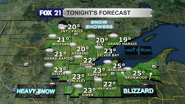 The worst of the conditions from a winter storm system passing through the Northland will occur Tuesday night with heavy snowfall and strong winds creating blizzard conditions at times.  Low temperatures will be in the 20s.