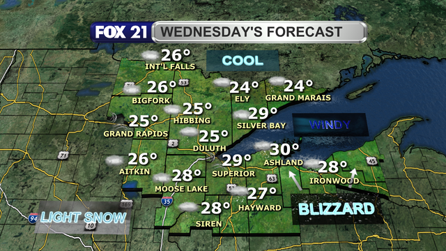 Blizzard like conditions will continue at times along the South Shore and Upper Peninsula regions of the Northland Wednesday.  Otherwise, snow showers will move out of the region from west to east with winds remaining strong.  High temperatures will be in the 20s and low 30s.