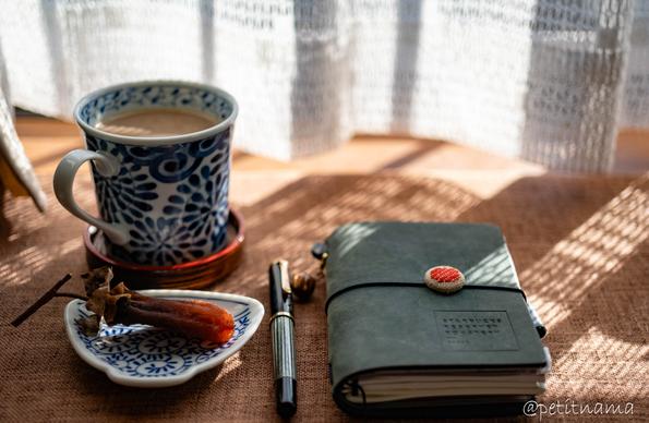 coffee, dried persimmon, fountain pen(pelikan), traveler's notebook passport size
