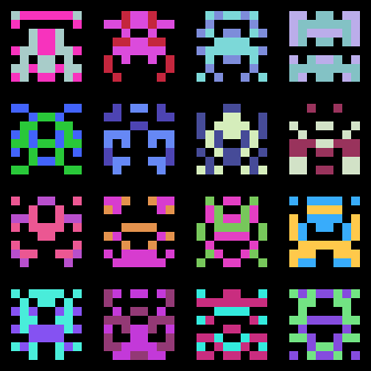 a 4x4 grid of multicolored 8x8 pixel aliens a la space invaders