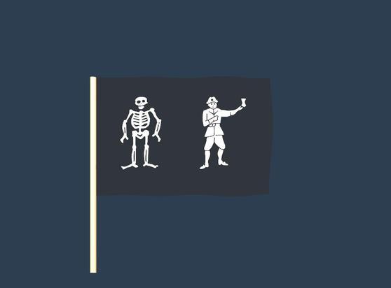 A randomly generated pirate flag. Elements of the flag may include skeletons, skulls, pirates, crossed bones, hourglasses, hearts, and swords.